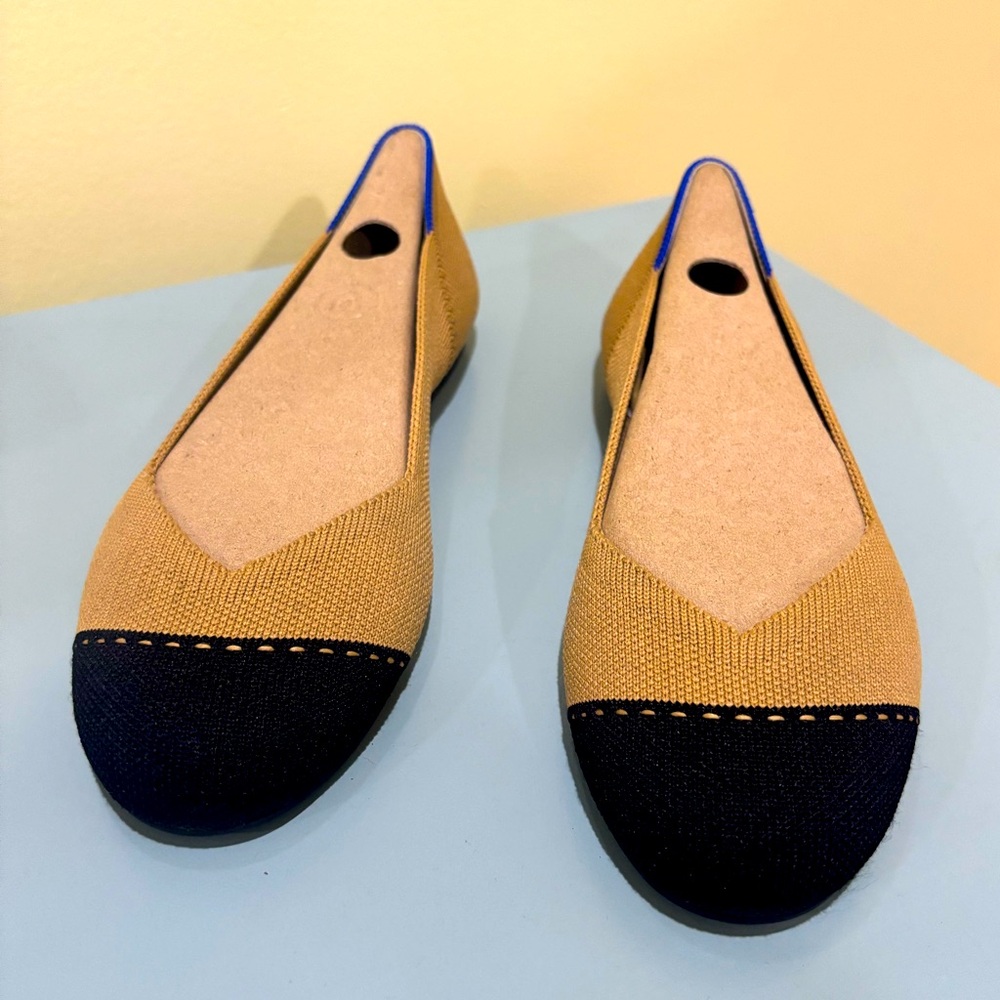 Rothy’s flats, size 7, tan and black
